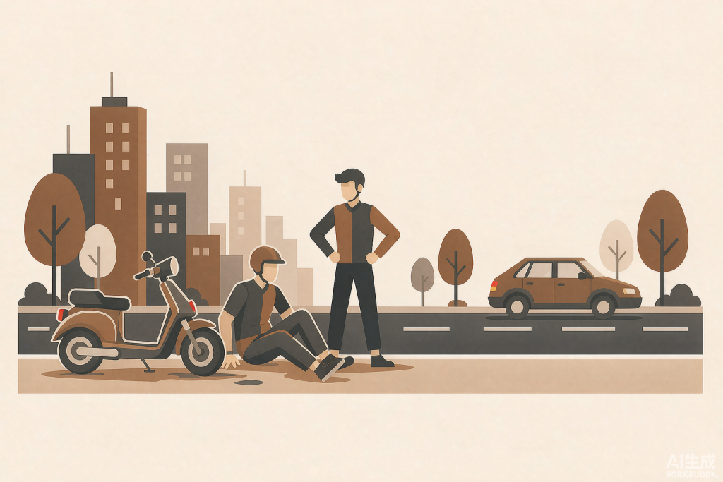 道路旁侧翻电动车与冲突人物的扁平插画